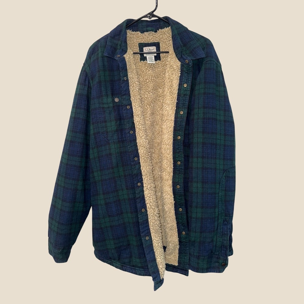 LL Bean Sherpa Lined Flannel Shirt Jacket XL Tall Green Blue Plaid 506139